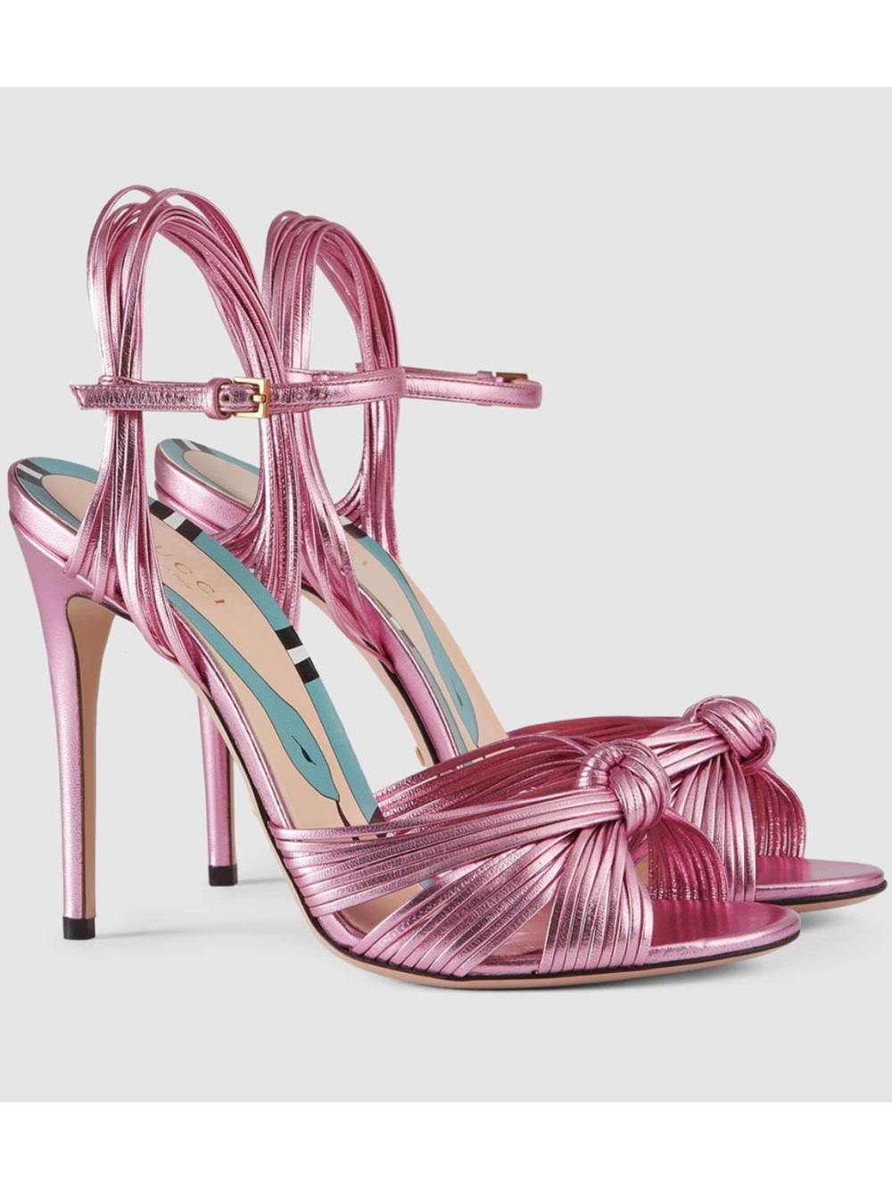 Gucci Allie Pink Metallic Knotted Strappy Pump Heels NEW